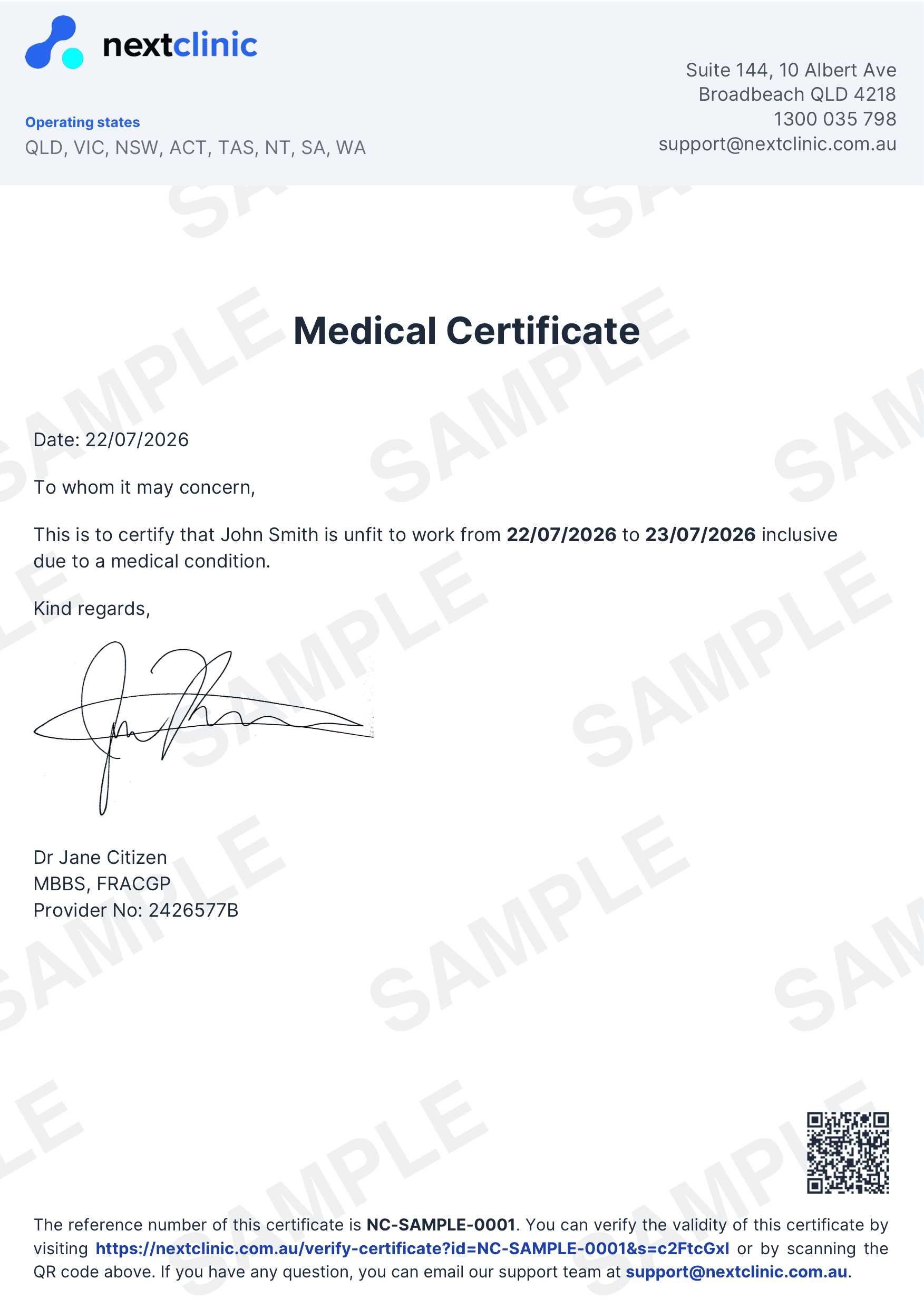 A sample NextClinic medical certificate for a fictitious patient, John Smith, issued by a fictitious doctor, Dr Jane Citizen