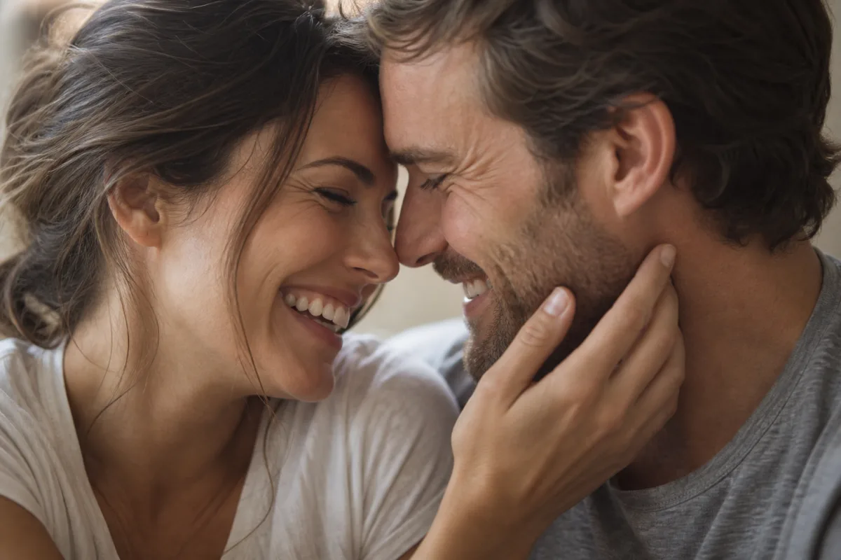 A couple laughing with their foreheads almost touching