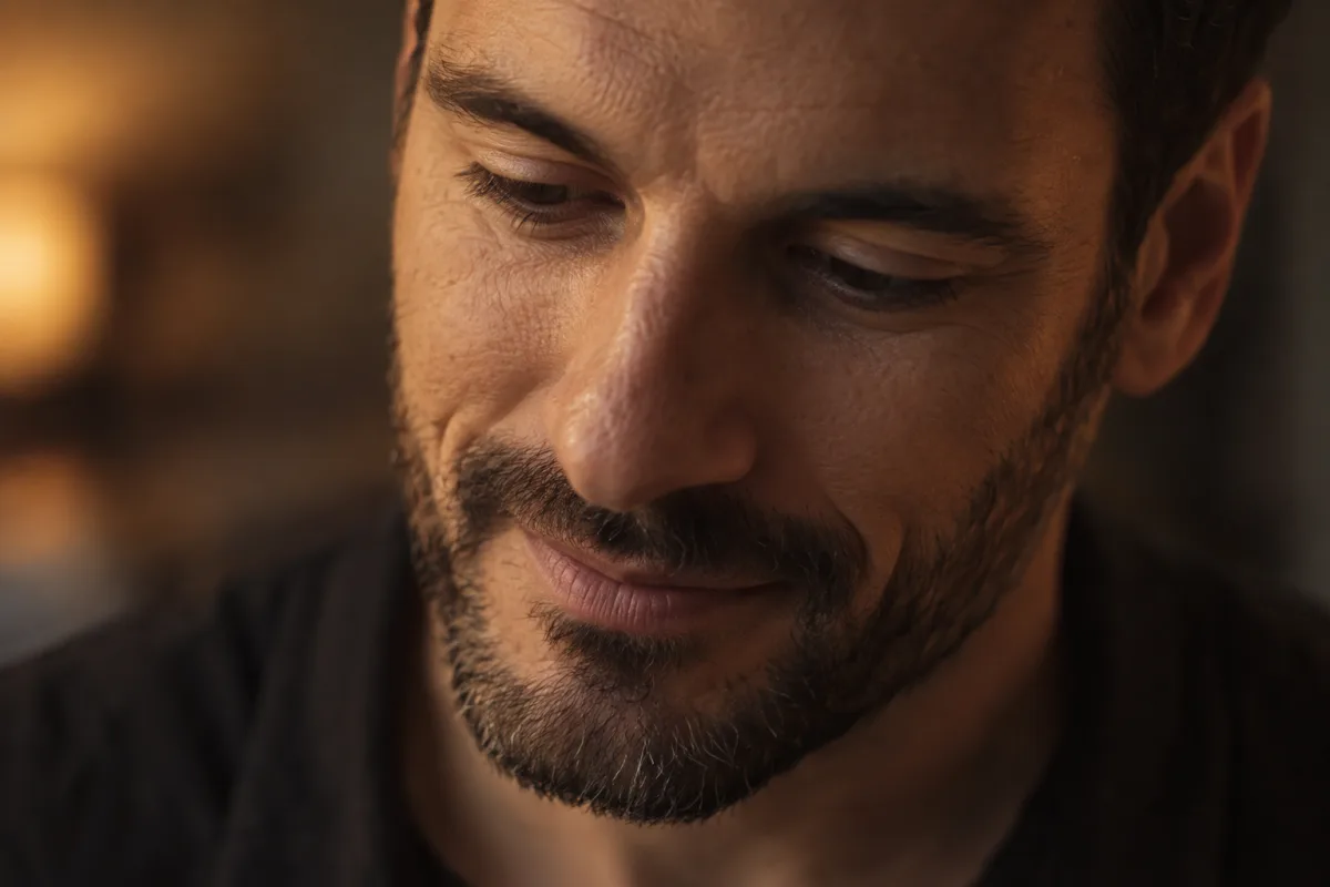 A close-up of a man looking down with a small smile in warm evening light